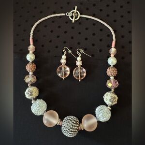 ONE OF A KIND Hand beaded Necklace and Earrings. Peachy Pink, White and Silver.